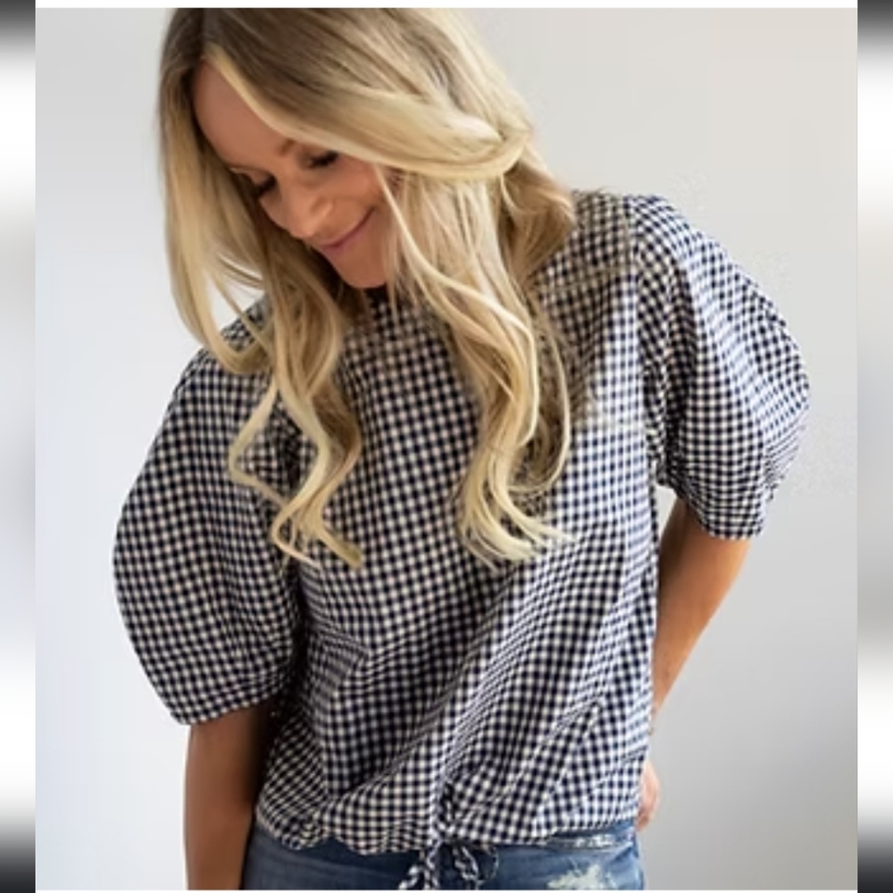 Cavan & Co Short Sleeve LUCIE Blouse Navy Gingham Check MADE USA Medium NWOT